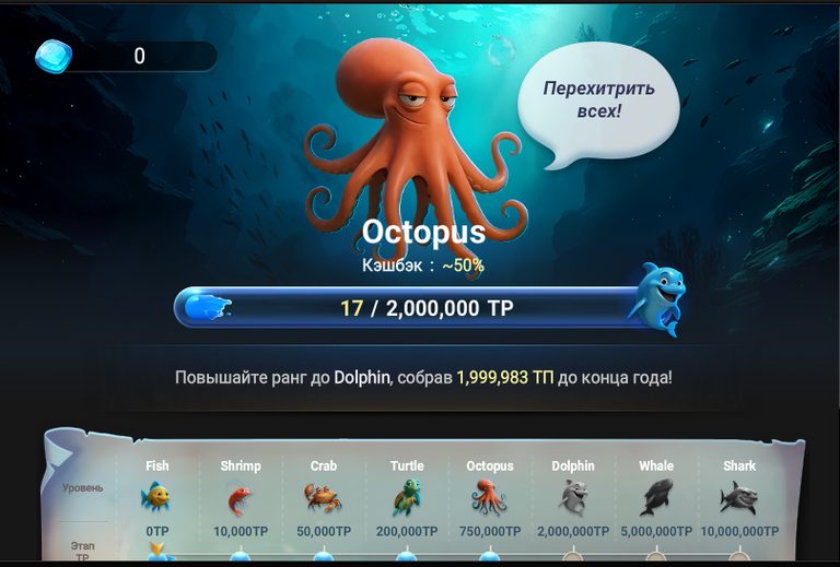 Экран Ocean Rewards в клиенте Покерок: уровень Octopus, прогресс и таблица порогов